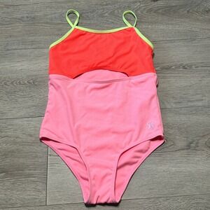 Hurley Girls Pink Orange Ribbed One Piece Swimsuit Cutout UPF 50+ Size 7/8 M